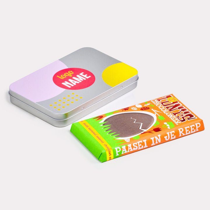 Pasen aluminium blikken met chocolade vanaf 25 stuks - De Printgroep - Jouw partner in print!